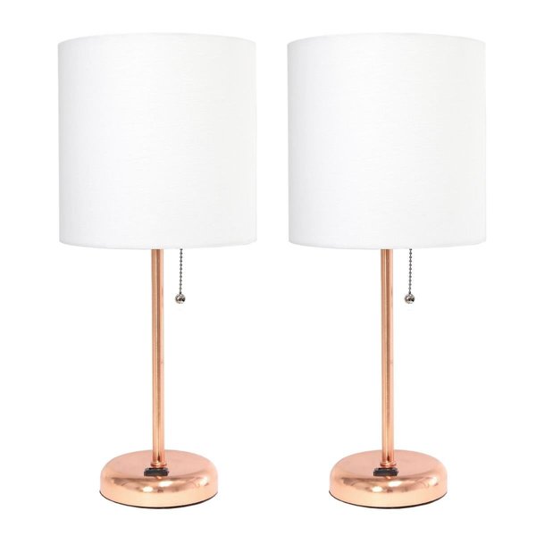 Diamond Sparkle Rose Gold Stick Table Lamp with Charging Outlet & Fabric Shade, White - Set of 2 DI2519787